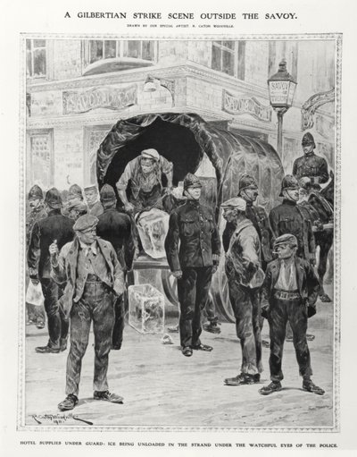 A Gilbertian strike scene outside the Savoy, 1910 by Richard Caton after Woodville